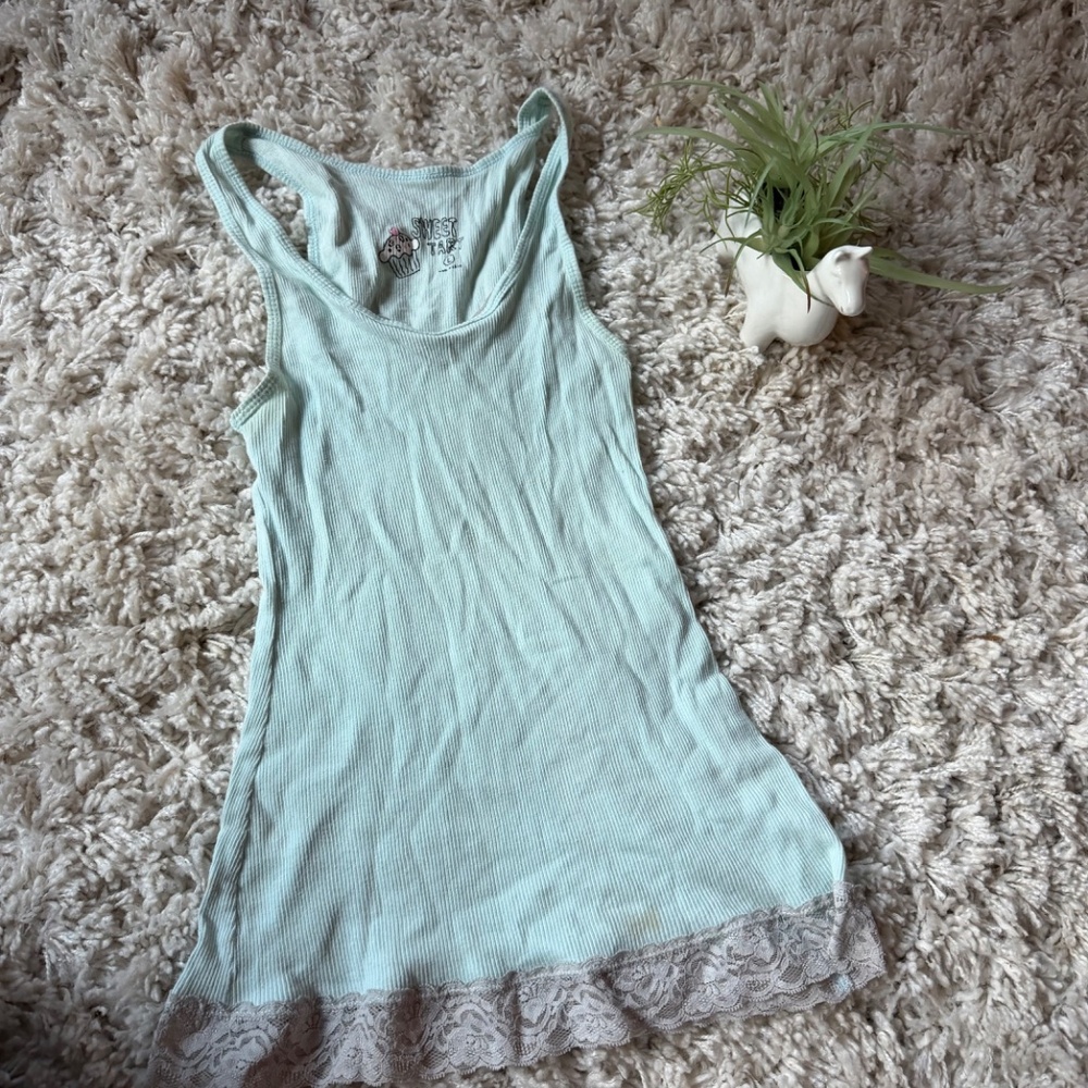 Chic Mint Green Tank Y2K 2000 vintage wear vintage tank top with Lace Hem green - Picture 2 of 4